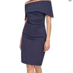 NWT Vince Camuto Navy Blue Off Shoulder Midi Cocktail Dress
